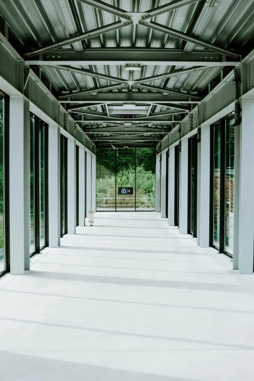 the inside of a building with lots of windows, inspired by Tadao Ando, unsplash, walkway, private academy entrance, a long-shot from front, steel archways