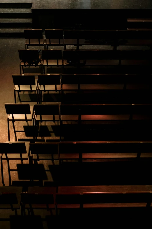 a man standing in front of a stage with a microphone, by Adam Chmielowski, conceptual art, benches, brown, churches, dark
