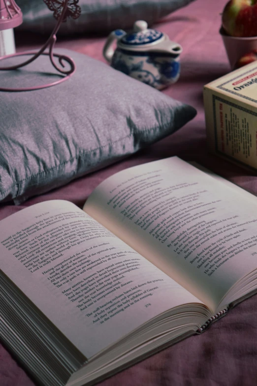 an open book sitting on top of a bed, purple and pink, laying back on a pillow, readability, lo fi