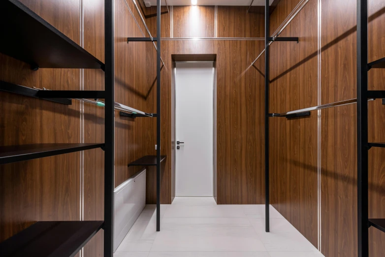 a walk in closet with wooden walls and shelves, by Julia Pishtar, unsplash, bauhaus, azamat khairov, theater access corridor, фото девушка курит, laquer and steel