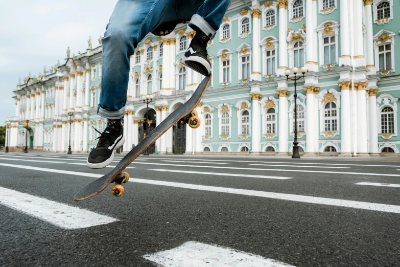 a man flying through the air while riding a skateboard, by Serhii Vasylkivsky, pexels contest winner, hyperrealism, russian architecture, 000 — википедия, sneakers, peter the great