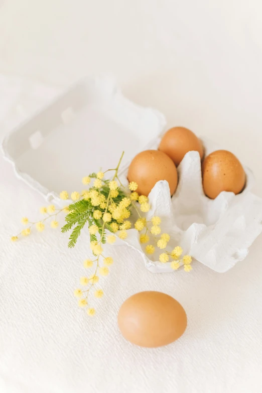 a bunch of eggs sitting on top of a table, yellow flowers, on a white table, manuka, subtle detailing