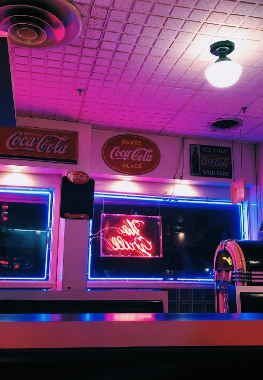 a bar with neon signs and neon lights, a picture, by Carey Morris, unsplash, 2 5 6 x 2 5 6 pixels, hamburgers and soda, 5 0 s aesthetic, purple and pink and blue neons