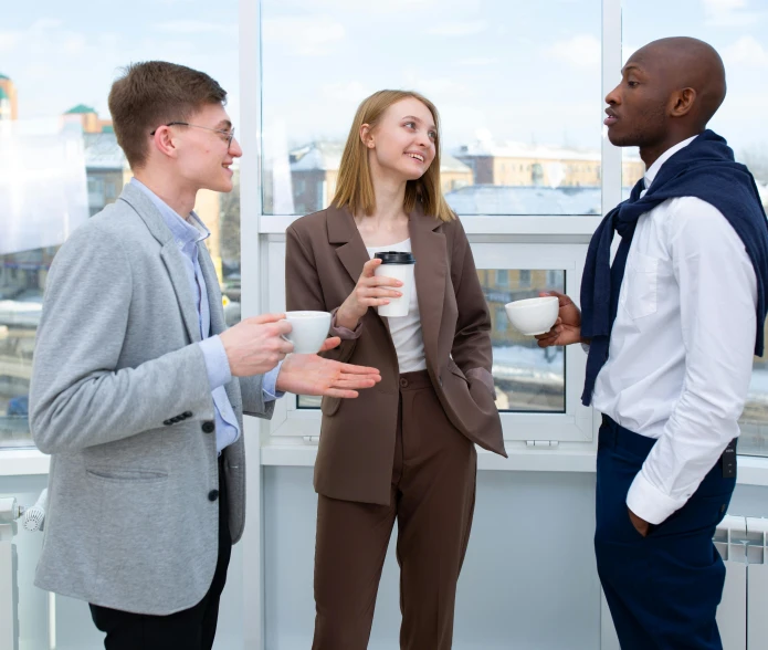 three business people having a conversation in an office, by Alexander Runciman, trending on unsplash, renaissance, full-body, diverse outfits, rectangle, mechanics