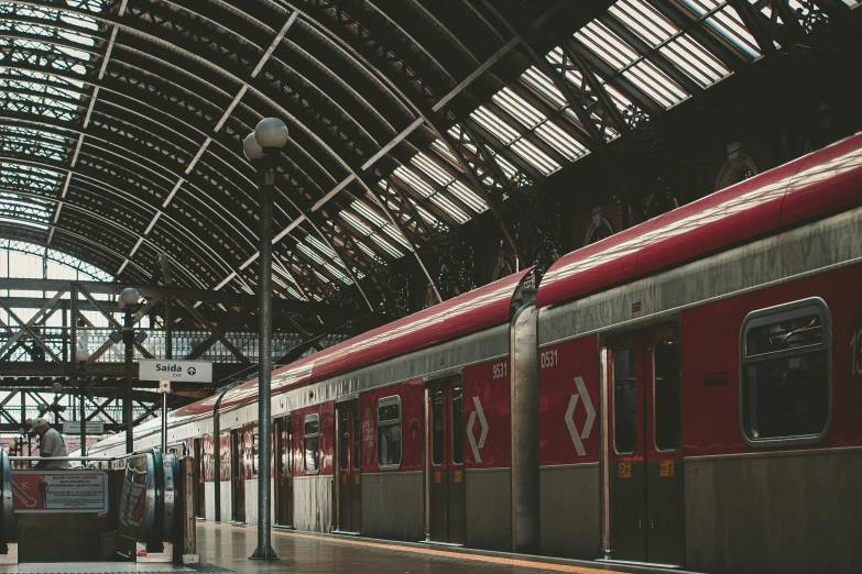 a red and silver train pulling into a train station, pexels contest winner, melbourne, 🚿🗝📝, flat colour, brown