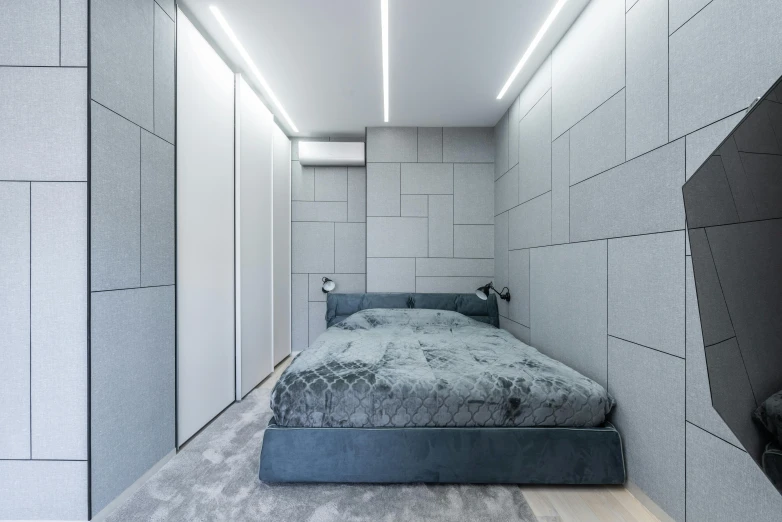 a bed room with a neatly made bed and a flat screen tv, by Adam Marczyński, unsplash contest winner, light and space, gray concrete, elegant futuristic wardrobe, led light strips, lit. 'the cube'