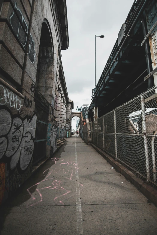 a narrow alley with graffiti on the walls, trending on unsplash, post apocalyptic new york, bridges, low quality photo, instagram story