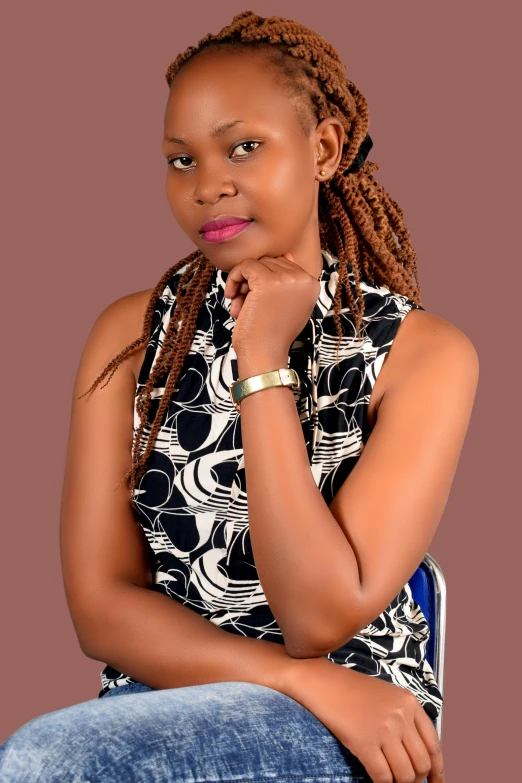 a woman sitting on a chair with her hand on her chin, by Chinwe Chukwuogo-Roy, pexels contest winner, plain background, brown:-2, facebook profile picture, student