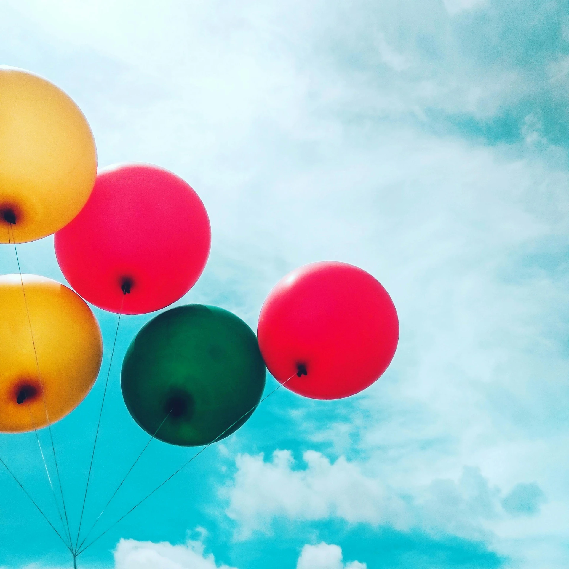 a bunch of balloons floating in the air, pexels, bright day, instagram post, profile image, red and teal and yellow