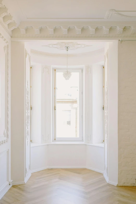 an empty room with white walls and wood floors, unsplash contest winner, light and space, sunny bay window, neo classical architecture, ignant, white background”