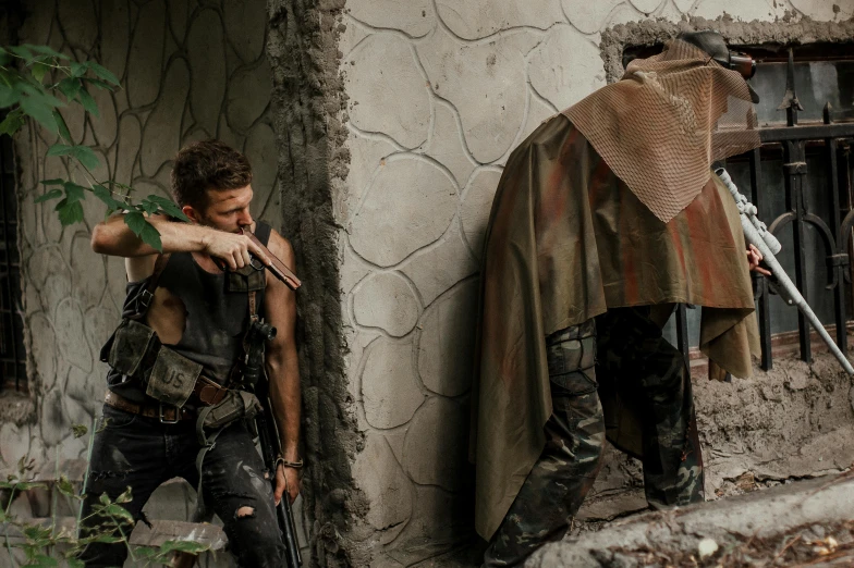a couple of men standing next to each other, pexels contest winner, realistic apocalyptic war scene, set photograph in costume, take cover, superhero from the boys tv show