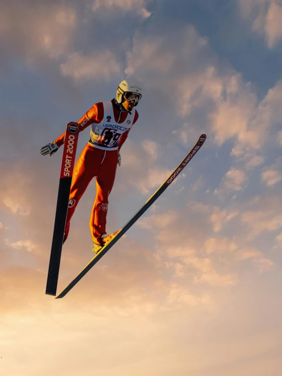 a man flying through the air while riding skis, by Eglon van der Neer, pexels contest winner, happening, sundown, panels, avatar image, in a jumping float pose