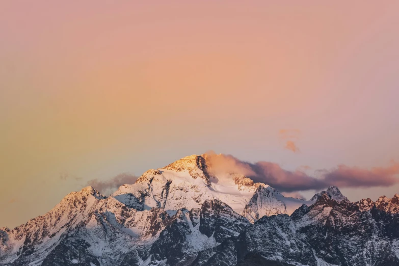 a mountain covered in snow under a pink sky, an album cover, by Peter Churcher, unsplash contest winner, romanticism, brown, himalayas, computer wallpaper, profile picture 1024px