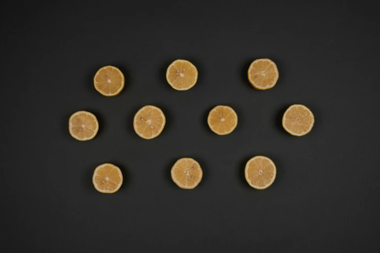 slices of lemon on a black background, an engraving, by Dietmar Damerau, unsplash, visual art, fairy circles, arranged in the golden ratio, cinnamon, set against a white background