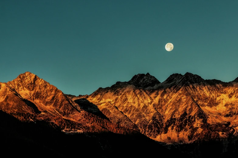 a mountain range with a full moon in the sky, by Peter Churcher, pexels contest winner, minimalism, warm glow, high detail 4k, himalayas, brown