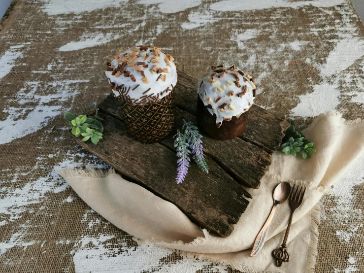 a couple of cupcakes sitting on top of a piece of wood, botanicals, rusty, throw, posed