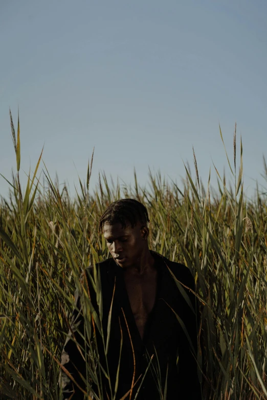a man standing in a field of tall grass, an album cover, unsplash, man is with black skin, julian ope, movie still, swamp