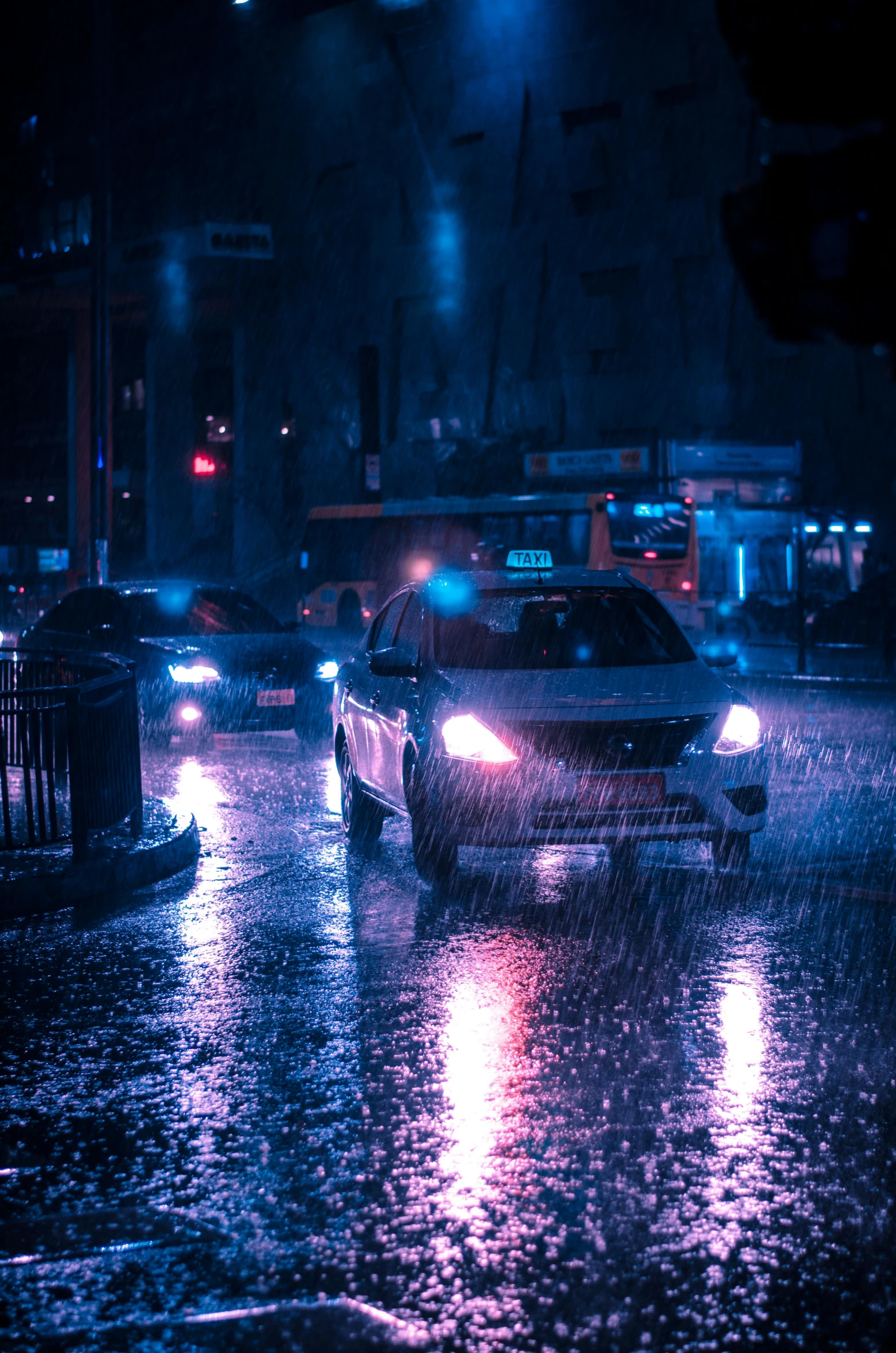 a car driving in the rain at night, an album cover, pexels contest winner, neon city, police lights, day after raining, blue neon