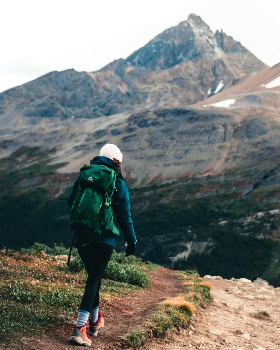 a woman hiking up the side of a mountain, trending on unsplash, green and brown clothes, multiple stories, non-binary, with a backpack