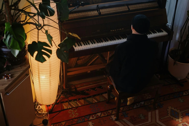 a person sitting at a piano in a room, an album cover, inspired by Elsa Bleda, pexels, realism, cozy lights, ignant, birdseye view, rex orange county