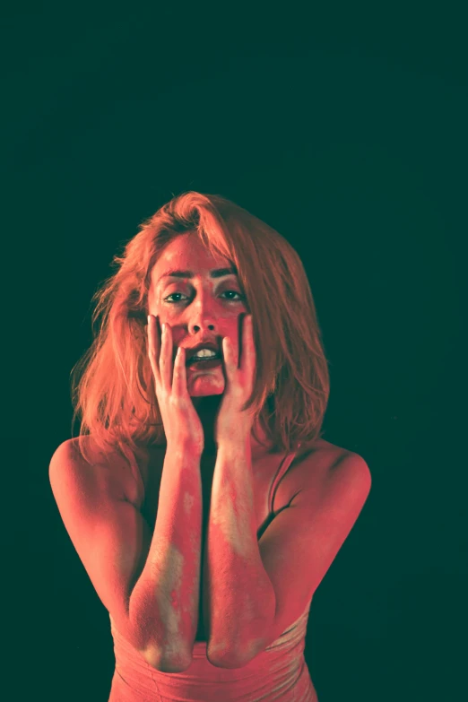 a woman covering her face with her hands, an album cover, inspired by Elsa Bleda, trending on pexels, angry high moral sexy werewolf, square, blonde woman, haunted expression