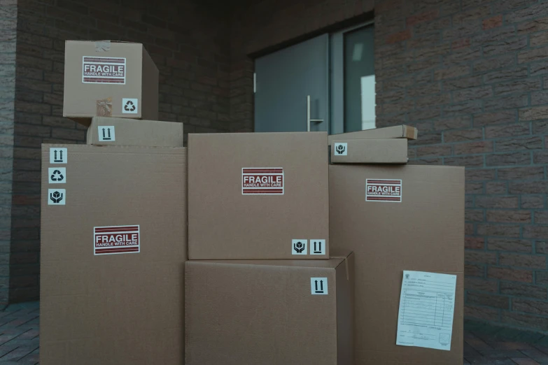 a bunch of boxes stacked on top of each other, by Daniel Lieske, pexels contest winner, temporary art, medical labels, brown, shot on canon eos r5, exterior shot