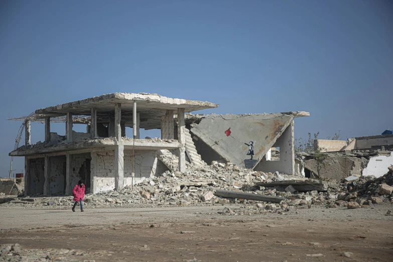 a couple of people standing in front of a building, auto-destructive art, rojava, rubble, architectural digest photo, wide views