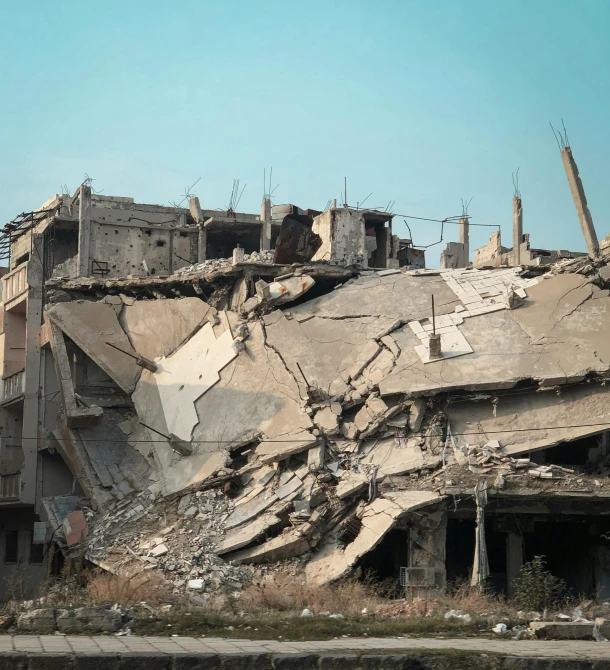 a pile of rubble sitting on the side of a road, by Thomas Bock, damascus, an architectural, front facing, ( apocalyptic ) 8 k