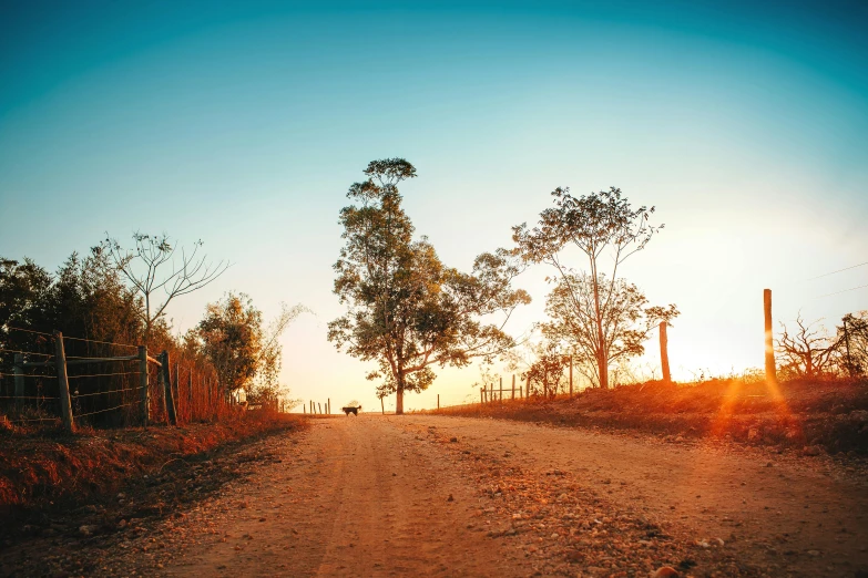 the sun is setting on a dirt road, an album cover, by Peter Churcher, unsplash contest winner, “ iron bark, orange and blue sky, near farm, tourist destination