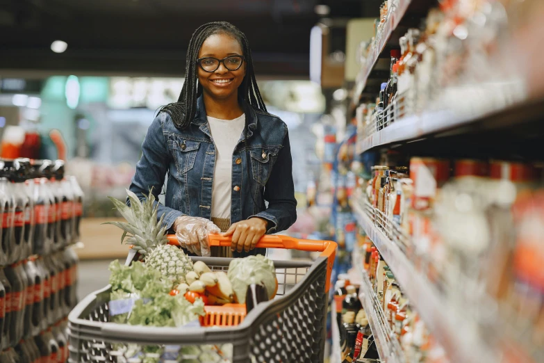 a woman pushing a shopping cart in a grocery store, pexels contest winner, renaissance, black teenage girl, avatar image, portrait image