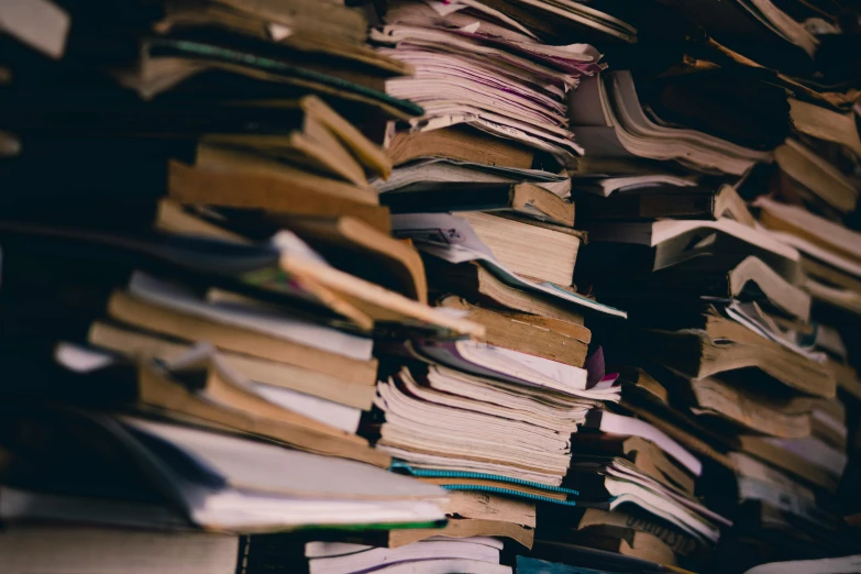 a stack of books sitting on top of a table, unsplash, analytical art, cardboards ; mess, scientific paper, fungal pages, hundreds of them