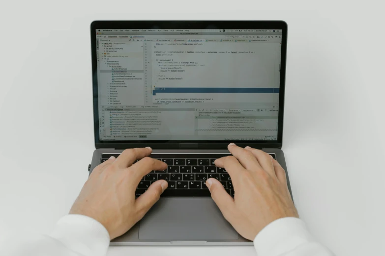 a person typing on a laptop computer, a computer rendering, unsplash, angular features, set against a white background, background image, maintenance photo