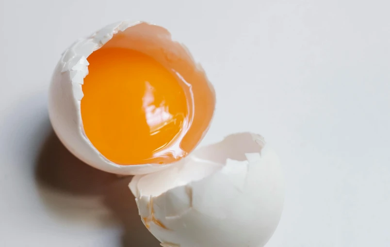 a broken egg sitting on top of a white table, trending on pexels, bright internal glow, manuka, enamel, close-up product photo