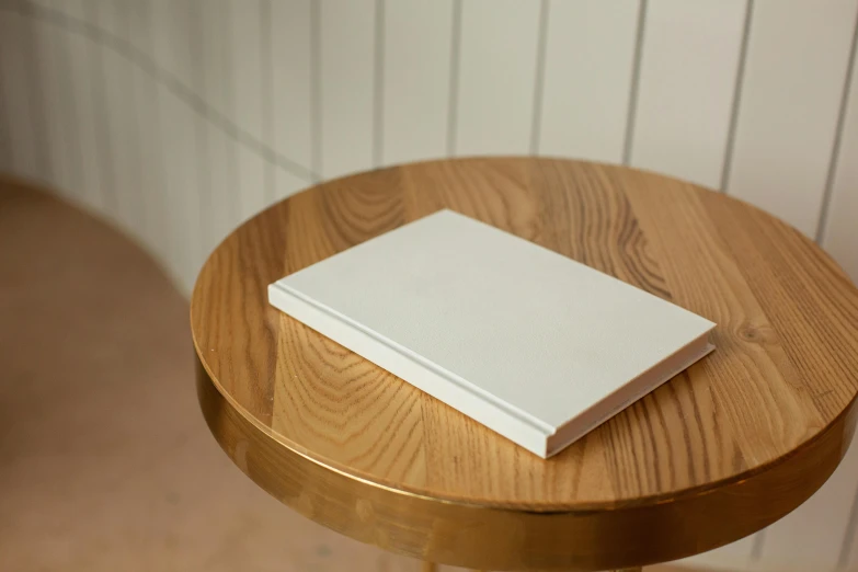 a white book sitting on top of a wooden table, by David Simpson, light grey, medium, tabletop, thumbnail