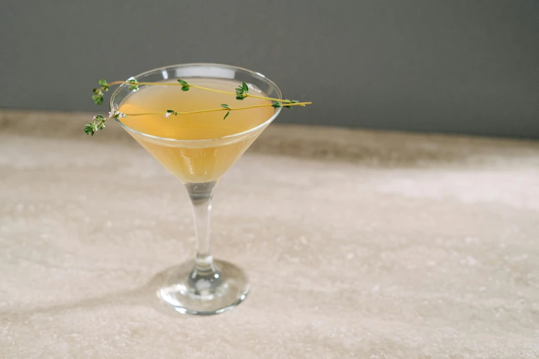 a glass filled with a drink sitting on top of a counter, inspired by Ndoc Martini, unsplash, renaissance, herbs, on a gray background, freya, made of glazed