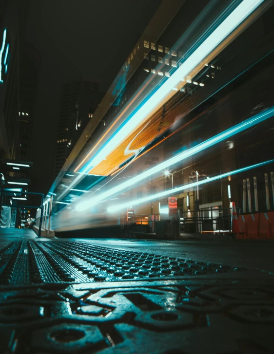 a long exposure photo of a city street at night, teal electricity, teleportation, instagram post, glowing engines