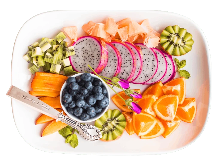 a white plate topped with fruit and vegetables, a digital rendering, by david rubín, pexels, dragon fruits, colorized background, 🦩🪐🐞👩🏻🦳, breakfast