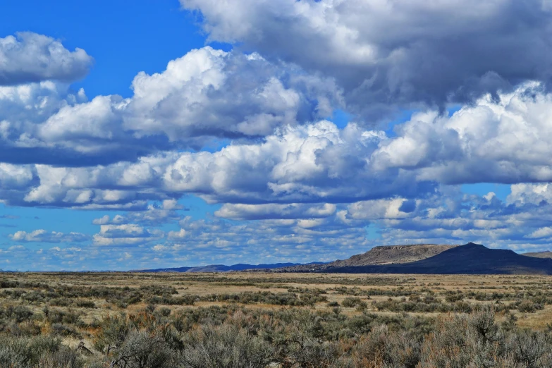 a large open field with a mountain in the distance, by Jim Nelson, unsplash, land art, big puffy clouds, black mesa, background image