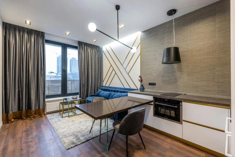 a living room filled with furniture and a dining table, by Adam Marczyński, pexels contest winner, modernism, kitchenette and conferenceroom, accented in bright metallic gold, neo kyiv, tiled room squared waterway