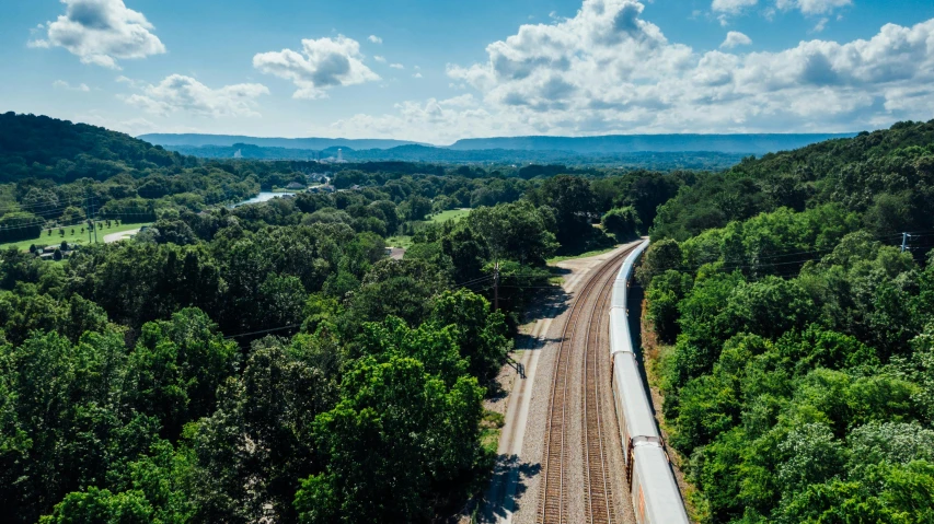 a train traveling through a lush green forest, by Carey Morris, unsplash contest winner, visual art, cahaba river alabama, panoramic view, drone photograpghy, urban surroundings