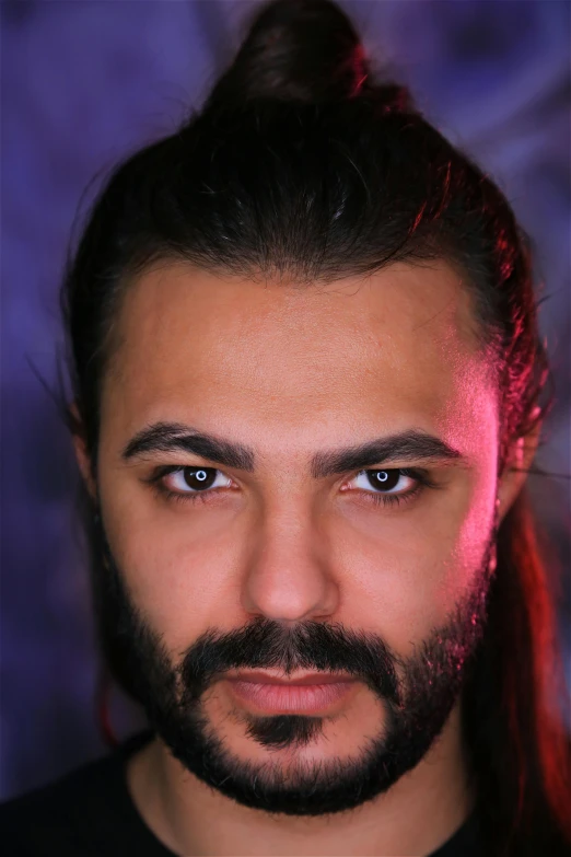a man with long hair and a beard, by Micha Klein, trending on reddit, hurufiyya, acting headshot, assyrian, (night), high quality photo