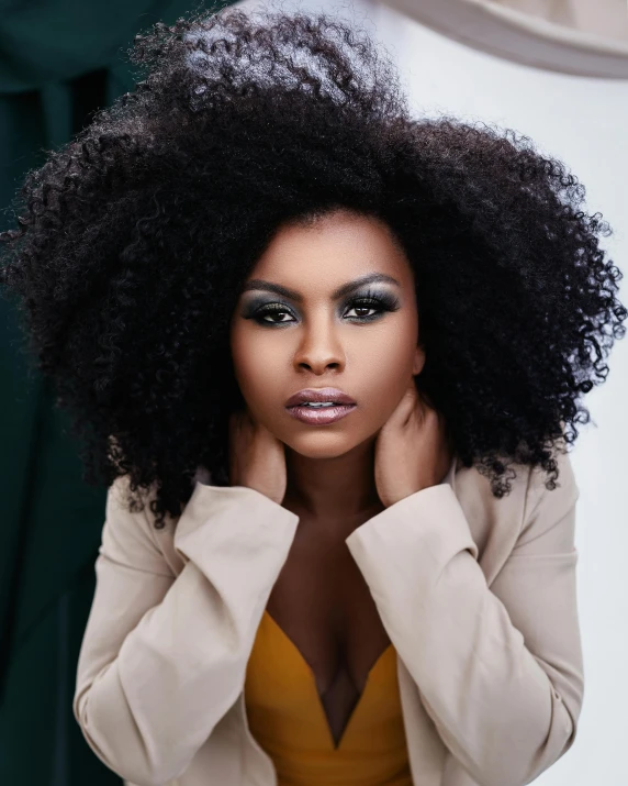 a woman with an afro posing for a picture, an album cover, trending on pexels, flowing massive hair, lgbtq, vannessa ives, looking straight to camera