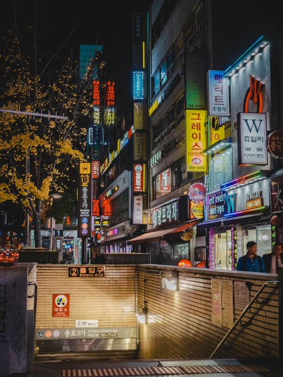 a city street filled with lots of neon signs, a picture, by Jang Seung-eop, pexels contest winner, square, korean writing, clean photo, highly detailed 8k photo