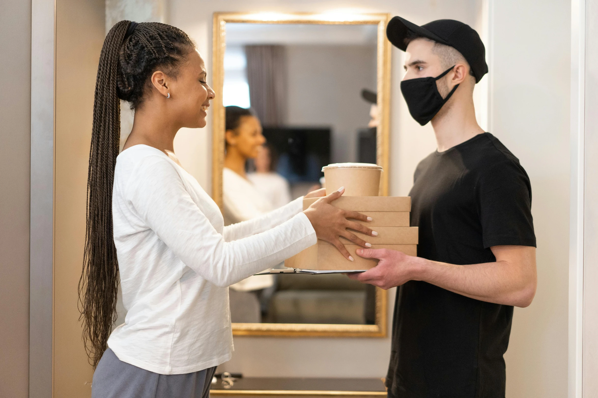 a woman handing a man a cup of coffee, a cartoon, pexels contest winner, renaissance, black facemask, delivering packages for amazon, dark visor covering face, lachlan bailey