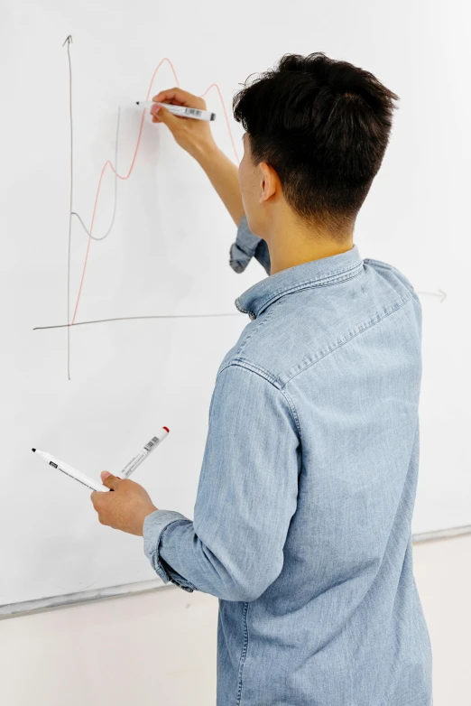 a man standing in front of a whiteboard writing on it, trending on reddit, analytical art, 15081959 21121991 01012000 4k, male teenager, vertical lines, whitespace