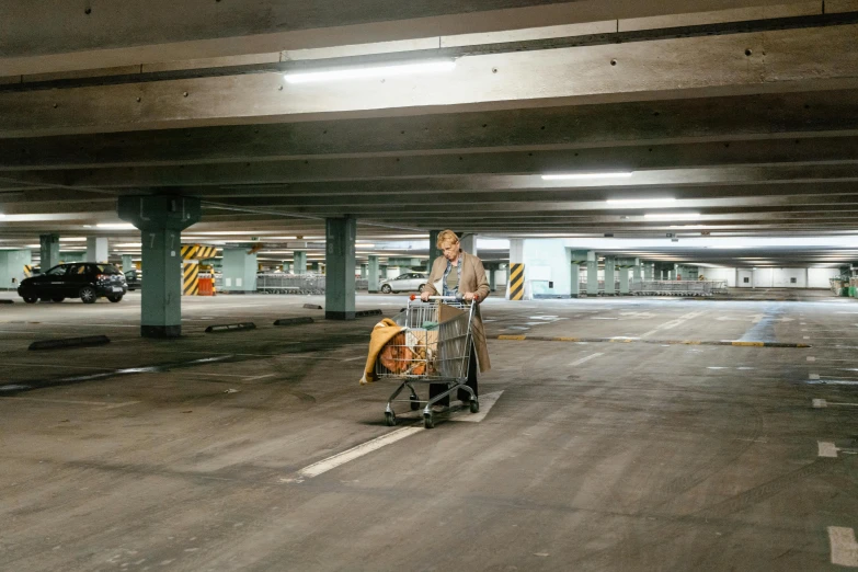 a woman pushing a shopping cart in a parking garage, inspired by Thomas Struth, unsplash, hyperrealism, square, sweeping, california;, maintenance area