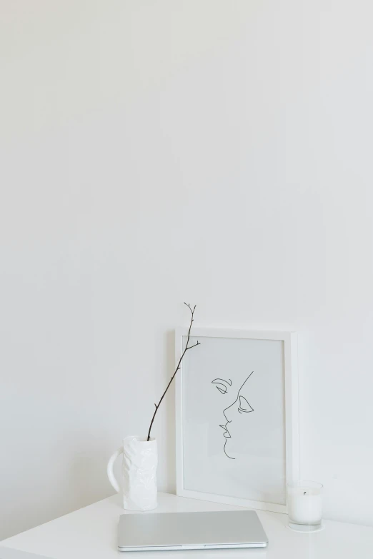 a laptop computer sitting on top of a white desk, a minimalist painting, trending on pexels, postminimalism, line art portrait, made of silk paper, white vase, background image