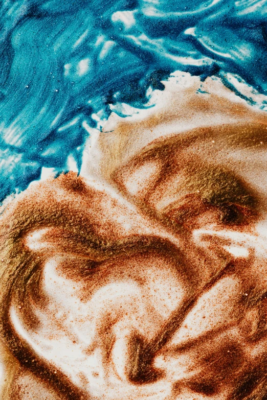 a cup of coffee with a heart drawn on it, an ultrafine detailed painting, inspired by Anna Füssli, trending on unsplash, process art, blue sand, face made out of planet, mocha swirl color scheme, detail shot