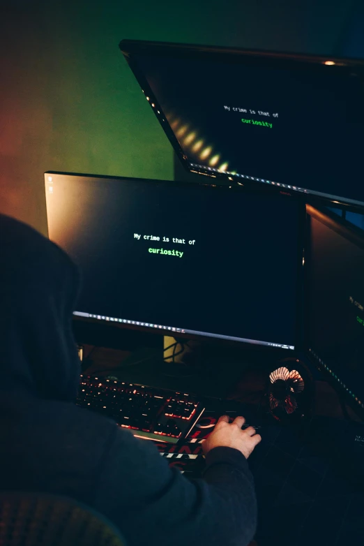 a person sitting in front of two computer monitors, by Everett Warner, unsplash, an intruder, game cover, cyber security polygon, high quality picture