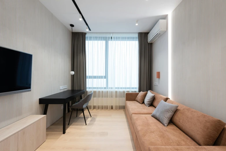 a living room filled with furniture and a flat screen tv, by Harvey Quaytman, unsplash, light and space, small and cosy student bedroom, neo kyiv, floor to ceiling window, sand - colored walls